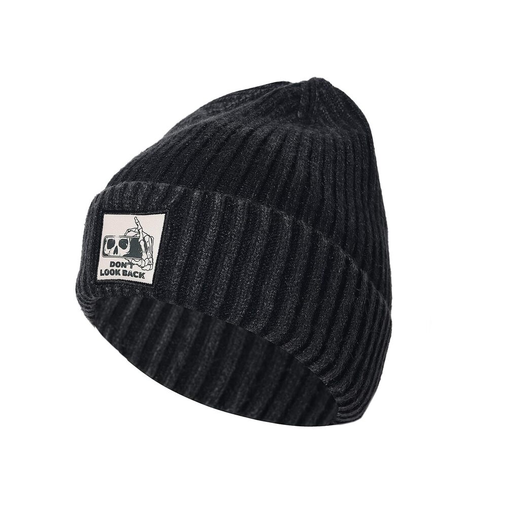 9252 Skull Patch Beanie - Don't Look Back & Burn The Past - Soft Knit